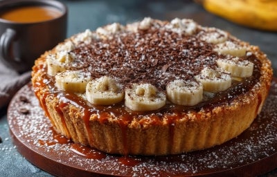 Em cima de uma mesa, banoffe com massa crocante, decorada com bananas em rodelas e canela em pó. Em cima de uma mesa, banoffe com massa crocante, decorada com bananas em rodelas e canela em pó.