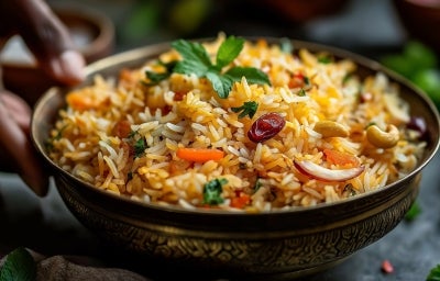 Em cima de uma mesa, tigela redonda com arroz amarelo soltinho, cenouras raladas, uvas-passas e castanhas.