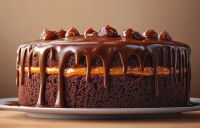 Fotografia de um bolo de chocolate com cobertura cremosa em um prato branco, com uma camada de recheio de doce de leite e coberto por um ganache brilhante que escorre pelas laterais.