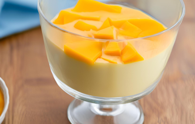 Foto da receita de Flan de Manga. Observa-se um copinho de vidro com o flan dentro amarelo e mangas picadas por cima. Imagem gerada por IA. Foto da receita de Flan de Manga. Observa-se um copinho de vidro com o flan dentro amarelo e mangas picadas por cima. Imagem gerada por IA.