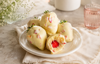 Prato com morangos cobertos por creme branco com pedacinhos vermelhos. Um deles está mordido, revelando o morango no centro