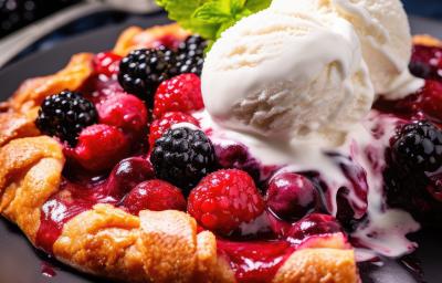 Fotografia de um crepe com sorvete de creme, geleia e frutas vermelhas. Fotografia de um crepe com sorvete de creme, geleia e frutas vermelhas.