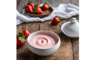 Foto de um pote branco redondo com creme rosa dentro, sobra uma bancada de madeira com diversos morangos espalhados, um tecido branco ao fundo e mais uma tábua de madeira Foto de um pote branco redondo com creme rosa dentro, sobra uma bancada de madeira com diversos morangos espalhados, um tecido branco ao fundo e mais uma tábua de madeira