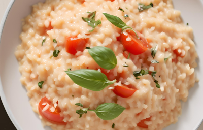 Fotografia mostra um risoto cremoso com tomates, pequenas folhas de manjericão e queijo parmesão Fotografia mostra um risoto cremoso com tomates, pequenas folhas de manjericão e queijo parmesão