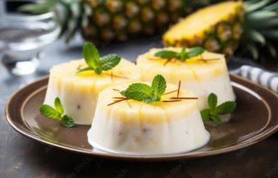 Fotografia de três unidades de um mousse de abacaxi com hortelã, com duas folhas de hortelã em cada unidade. As mousses estão em um prato raso na cor marrom, com algumas folhas de hortelã decorando. Ao fundo, um abacaxi inteiro e um abacaxi pela metade. Fotografia de três unidades de um mousse de abacaxi com hortelã, com duas folhas de hortelã em cada unidade. As mousses estão em um prato raso na cor marrom, com algumas folhas de hortelã decorando. Ao fundo, um abacaxi inteiro e um abacaxi pela metade.