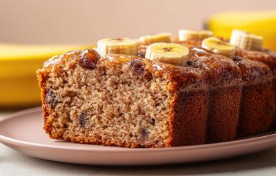 Fotografia de metade de um bolo de banana e uva passa com um pouco de mel por cima, feito em uma forma de bolo inglês. Está em um prato raso pequeno, sobre uma mesa branca. No fundo tem algumas bananas inteiras. Fotografia de metade de um bolo de banana e uva passa com um pouco de mel por cima, feito em uma forma de bolo inglês. Está em um prato raso pequeno, sobre uma mesa branca. No fundo tem algumas bananas inteiras.