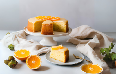 Um bolo dourado com cobertura brilhante e fatias de laranja no topo está sobre um prato branco. Uma fatia foi retirada e colocada em um pratinho com colher dourada ao lado. Há laranjas cortadas e azeitonas verdes ao redor.