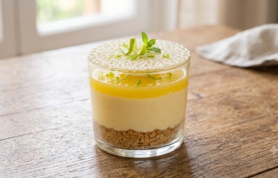 Foto da Receita de Verrine de Limão montada em camada num copo transparente sobre uma bancada de madeira