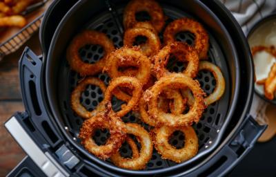 Fotografia vista de cima de várias onion rings dentro da cesta da air fryer, que está sobre uma mesa de madeira. Fotografia vista de cima de várias onion rings dentro da cesta da air fryer, que está sobre uma mesa de madeira.