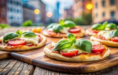 Fotografia de cinco unidades de mini pizza sobre uma tábua de madeira. As pizzas são de pão sírio aberto recheado com tomate cereja, presunto, rúcula e Requeijão NESTLÉ