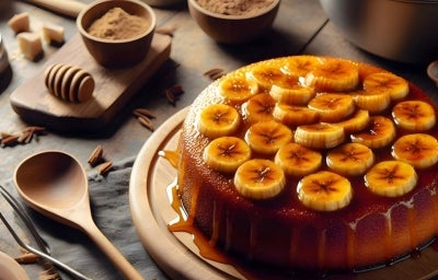 Bolo redondo com fatias de banana organizadas no topo, cobertas por uma calda espessa e brilhante de caramelo. O cenário é rústico, com utensílios de madeira, ingredientes como açúcar mascavo, mel e bananas ao fundo.