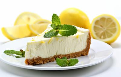 Fotografia de uma fatia de uma torta de limão raspas de limão siciliano e algumas folhas de hortelã por cima. a torta está em um prato branco de sobremesa, o qual está sobre uma mesa branca. Ao fundo tem alguns limões sicilianos.