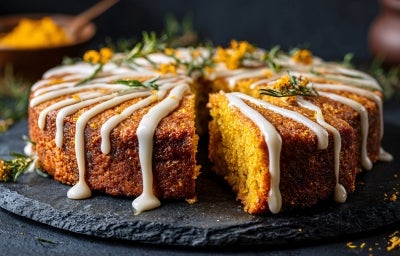 Fotografia de um bolo redondo com crosta dourada e interior amarelo, coberto com um generoso fio de cobertura branca, em um prato rústico. O fundo apresenta folhas de outono desfocadas.