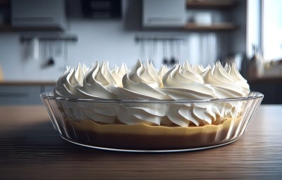 Fotografia de uma travessa de vidro redonda sobre uma mesa de madeira escura. Dentro do recipiente tem a sobremesa de banana e o merengue por cima.