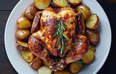 A imagem mostra um frango assado com batatas assadas a sua volta, sobre um prato branco A imagem mostra um frango assado com batatas assadas a sua volta, sobre um prato branco