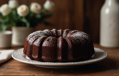 Fotografia de um bolo de chocolate em um prato decorativo, polvilhado com açúcar de confeiteiro. O cenário rústico inclui flores brancas e utensílios, transmitindo um ambiente acolhedor e elegante.