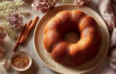 Fotografia de um bolo bundt em um prato cerâmico bege, decorado com flores secas e canela. A composição é elegante, com um pano mauve ao lado.