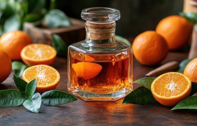 Fotografia de uma minigarrafa decorativa de vidro com licor de laranja. Ao redor tem algumas metades e unidades inteiras de laranja sobre uma mesa de madeira escura. Fotografia de uma minigarrafa decorativa de vidro com licor de laranja. Ao redor tem algumas metades e unidades inteiras de laranja sobre uma mesa de madeira escura.