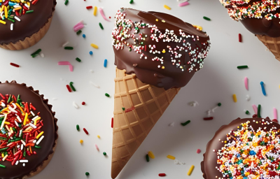 Fotografia mostra diversas casquinhas de sorvete banhadas parcialmente no chocolate e confeitos coloriodos.