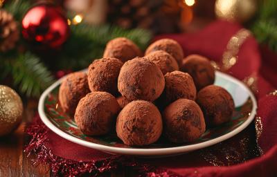Trufas de panetone decoradas com uma camada fina de chocolate, polvilhadas com cacau em pó. Trufas de panetone decoradas com uma camada fina de chocolate, polvilhadas com cacau em pó.