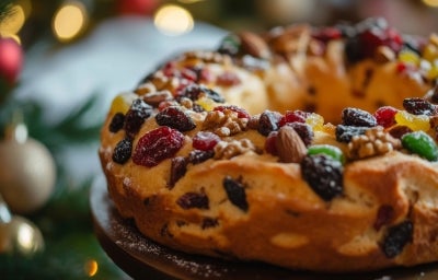 Fotografia de um bolo de frutas tradicional, adornado com frutas secas e nozes, levemente polvilhado com açúcar de confeiteiro, em um ambiente natalino com uma árvore de Natal ao fundo. Fotografia de um bolo de frutas tradicional, adornado com frutas secas e nozes, levemente polvilhado com açúcar de confeiteiro, em um ambiente natalino com uma árvore de Natal ao fundo.