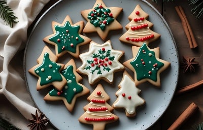 Em cima de uma mesa, prato redondo em com biscoitos em formatos de estrelas e árvore de Natal, decorado com glacê colorido. Em cima de uma mesa, prato redondo em com biscoitos em formatos de estrelas e árvore de Natal, decorado com glacê colorido.