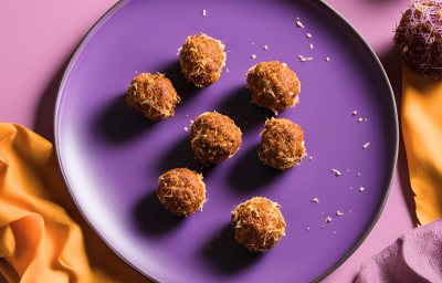 Fotografia em tons de roxo com um prato roxo ao centro. Dentro do prato existe pequenas trufas de cenoura com uva passa cobertas com coco ralado
