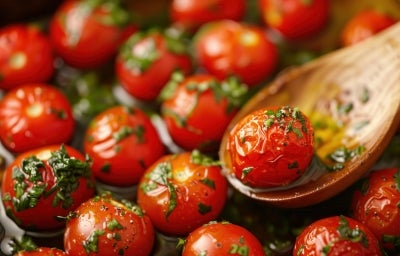 Fotografia de vários tomatinhos cereja confit juntos com bastante azeite e salsinha picada em uma assadeira preta. A imagem mostra uma colher de madeira segurando um dos tomatinhos com azeite. Fotografia de vários tomatinhos cereja confit juntos com bastante azeite e salsinha picada em uma assadeira preta. A imagem mostra uma colher de madeira segurando um dos tomatinhos com azeite.