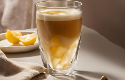 Fotografia em tons de branco e caramelo com um copo de vidro ao centro. Dentro do copo existe uma receita de chá mate com leite Ninho Adulto Fotografia em tons de branco e caramelo com um copo de vidro ao centro. Dentro do copo existe uma receita de chá mate com leite Ninho Adulto