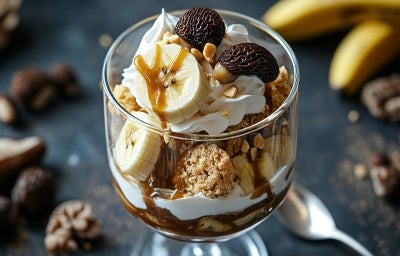 Em cima de uma mesa, taça com camadas de massa de biscoitos, doce de leite, chantilly e bananas picadas em rodelas. Em cima de uma mesa, taça com camadas de massa de biscoitos, doce de leite, chantilly e bananas picadas em rodelas.