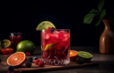Foto da receita de Caipirinha de Frutas Vermelhas Sem Álcool. Observa-se um copo baixo e largo com a bebida dentro cheia de gelo. Frutas vermelhas e limões decoram a foto. Foto da receita de Caipirinha de Frutas Vermelhas Sem Álcool. Observa-se um copo baixo e largo com a bebida dentro cheia de gelo. Frutas vermelhas e limões decoram a foto.