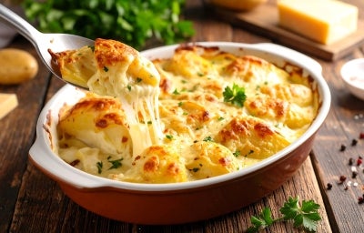 Em cima de uma mesa, refratário com batatas cremosas gratinadas com queijo, decorado com salsinha picada. Do lado esquerdo, uma colher pega algumas batatas com queijo derretido. Em cima de uma mesa, refratário com batatas cremosas gratinadas com queijo, decorado com salsinha picada. Do lado esquerdo, uma colher pega algumas batatas com queijo derretido.