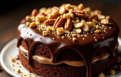 Fotografia de um bolo de chocolate de duas camadas, coberto com ganache brilhante que escorre pelas laterais. Entre as camadas, um recheio de caramelo e nozes decorativas, apresentado em um prato branco sobre uma superfície de madeira.
