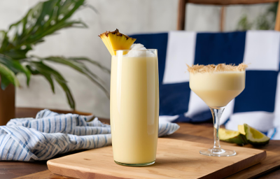 Fotografia de um copo e uma taça de vidro com uma bebida de piña colada, no copo tem um pedaço de abacaxi na borda. Os copos estão sobre uma tábua de madeira.