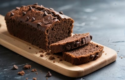 Bolo de chocolate recém-assado em uma tábua clara, coberto com gotas de chocolate. Duas fatias cortadas mostram a textura úmida. A apresentação casual é realçada por migalhas e um fundo escuro, destacando o bolo apetitoso.