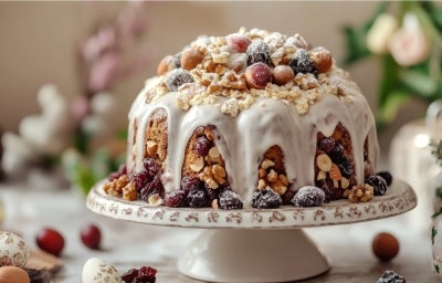 Fotografia de um bolo de Natal elegantemente adornado com uma camada espessa de cobertura branca, coberto com nozes e frutas secas.