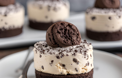 Fotografia mostra uma torta com uma base de biscoito de chocolate, sobre ela um creme branco com pedaços de biscoitos de chocolate e dois cookies de chocolate no topo para decorar.