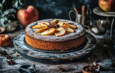 Fotografia de um bolo de maçã redondo, com crosta dourada e fatias de maçã dispostas em círculo, polvilhado com açúcar de confeiteiro. O cenário rústico inclui maçãs inteiras e elementos vintage.
