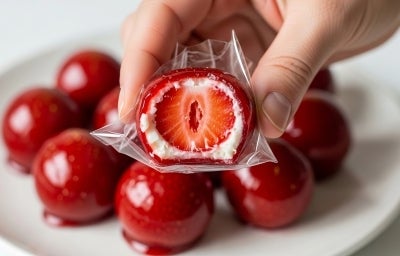 A imagem mostra uma mão segurando um doce envolto em plástico transparente, revelando um morango inteiro coberto por uma camada branca cremosa e uma fina cobertura vermelha brilhante. Ao fundo, vários desses doces estão dispostos em um prato branco.