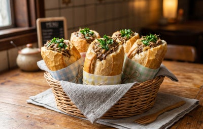 imagem mostra um sanduíche de pão francês com carne moída dentro e queijo