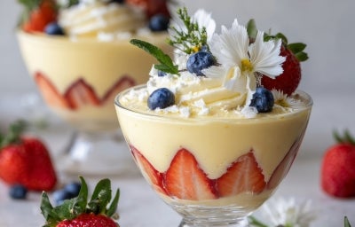 Taça com creme branco cremoso e morangos cortados ao meio. Decorado com flores comestíveis, morango e uvas roxas. Taça com creme branco cremoso e morangos cortados ao meio. Decorado com flores comestíveis, morango e uvas roxas.