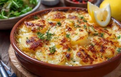 Em cima de uma mesa, refratária com batatas e queijo gratinado.