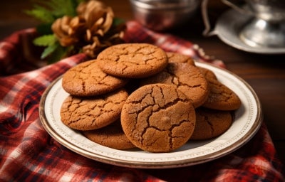 Em cima de uma mesa, prato com biscoitos redondos crocantes, polvilhado com açúcar. Em cima de uma mesa, prato com biscoitos redondos crocantes, polvilhado com açúcar.