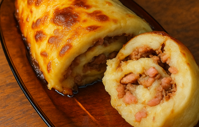 Fotografia em tons quentes de uma receita de rocambole com massa de mandioca recheado com ragu de linguiça. Na fotografia, observa-se bem o caráter espiral da receita, com camadas alternadas de massa e ragu de linguiça Fotografia em tons quentes de uma receita de rocambole com massa de mandioca recheado com ragu de linguiça. Na fotografia, observa-se bem o caráter espiral da receita, com camadas alternadas de massa e ragu de linguiça