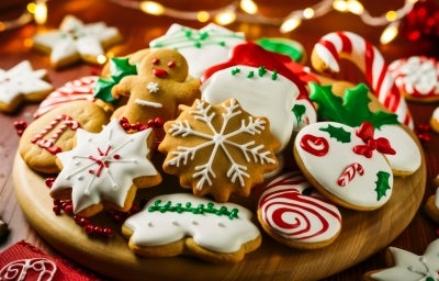 Em cima de uma mesa, prato com biscoitos redondos e em formato de estrelas e boneco de neve, decorados com glacê colorido e confeitos coloridos.