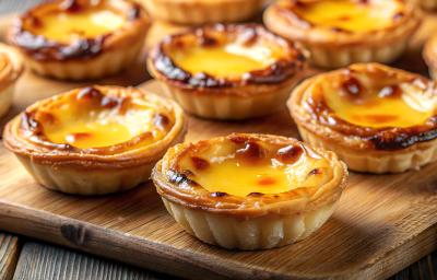 Fotografia em tons de amarelo com uma tábua de madeira ao centro. Em cima da tábua existe vários pastéis de nata caramelizados e dourados feitos na Air Fryer