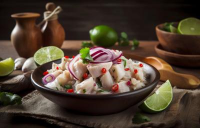 Fotografia em tons escuros de um recipiente marrom escuro fundo sobre um pano marrom, apoiado em uma mesa de madeira. Dentro do recipiente tem ceviche com pimenta dedo de moça, cebola roxa e coentro, ao lado tem um pedaço de limão.