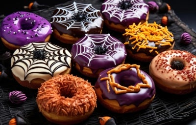 Fotografia em tons escuros e coloridos com vários donuts ao centro. Os donuts são enfeitados com temas de halloween como: miconhas e teias de aranha feitas nas cores roxo, laranja, preto e branco. Fotografia em tons escuros e coloridos com vários donuts ao centro. Os donuts são enfeitados com temas de halloween como: miconhas e teias de aranha feitas nas cores roxo, laranja, preto e branco.