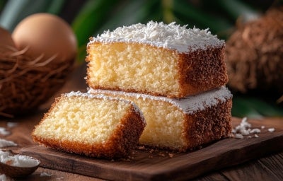 Fotografia de um bolo de coco, com fatias empilhadas em uma tábua de madeira. O bolo é coberto com coco ralado, e ao fundo, há ovos e um coco inteiro, criando um ambiente acolhedor e natural. Fotografia de um bolo de coco, com fatias empilhadas em uma tábua de madeira. O bolo é coberto com coco ralado, e ao fundo, há ovos e um coco inteiro, criando um ambiente acolhedor e natural.