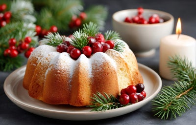 Fotografia de um bolo de Natal apresentado de forma festiva. O bolo, dourado e polvilhado com açúcar, é decorado com cranberries vermelhas e ramos de pinheiro. Ao fundo, uma vela acesa e mais cranberries complementam a atmosfera natalina.